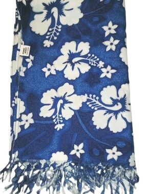 Koko Knot Sarong Blue White HIBISCUS Flower Fringed Rayon Beach Cover Wrap Skirt